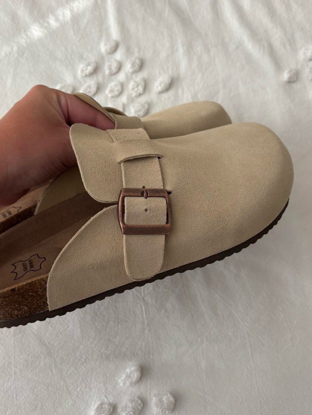 taupe suede clogs